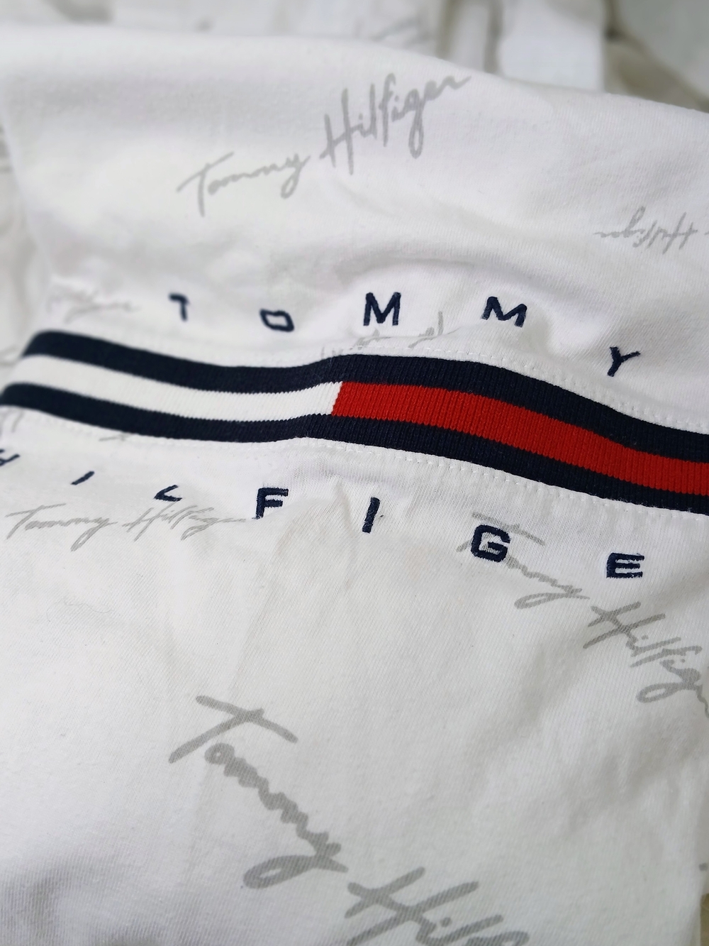 Tommy Hilfiger White Logo Tee with Red & Navy Stripe